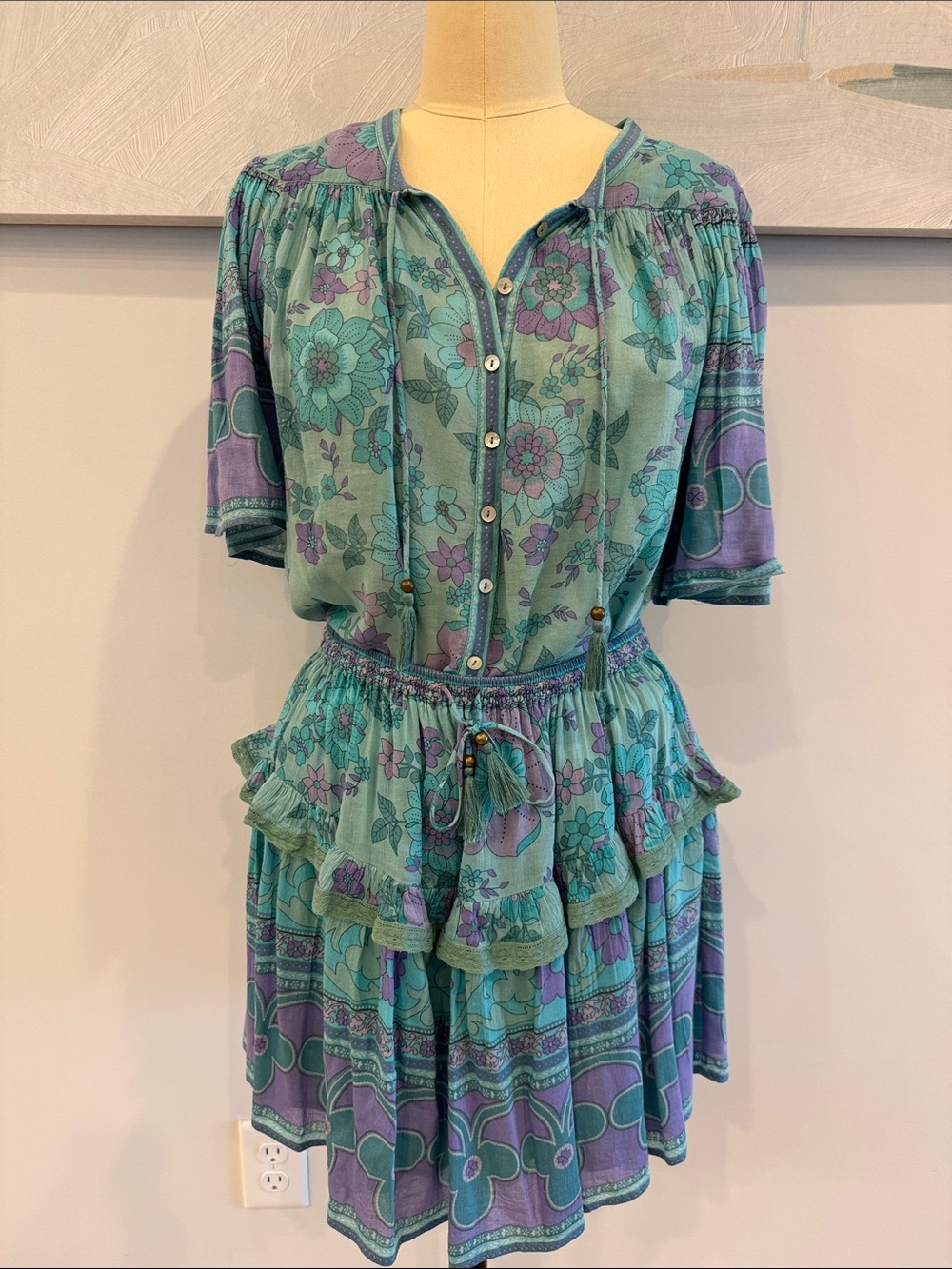 Rare Spell vintage Babushka print- mini skirt & flutter sleeve blouse SET- M/L